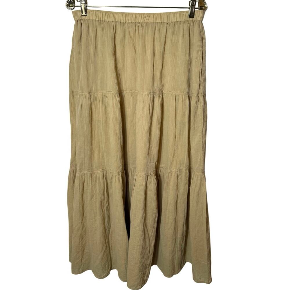 NWOT Uniqlo Sz L Tan Crinkle Cotton Gauze Tiered Maxi Peasant Skirt Boho Western